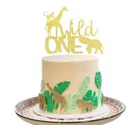Wild One Cake Topper, Safari Cake Toppers, One Cake Topper- HSC Gold Glitter Jungle Safari Animals Giraffe Monkey Elephant 1st Birthday Cake Toppesr, First Birthdays Party Decoration