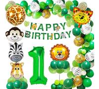 Wild One Jungle Theme 1st Birthday Decorations - Happy Birthday Banner, Animal & Safari Balloons, Garland Kit