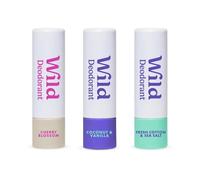 Wild Pack of 3 Mini Deodorants in Fresh Cotton & Sea Salt, Coconut & Vanilla and Cherry Blossom - Trial Size Great for Holiday & Travel - Aluminium & Plastic Free - Long Lasting Protection