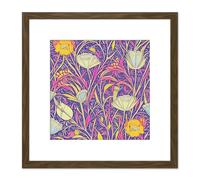 Wild Poppy Flower Field Yellow Pink Purple Vintage Style Painting Square Wooden Framed Wall Art Print Picture 8X8 Inch Artery8 Brown One Size