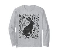 Wild Rabbit Hare Linocut Nature Lino Print Folk Art Forest Long Sleeve T-Shirt