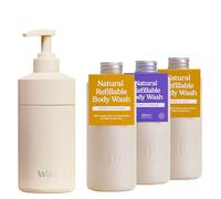 Wild Refillable Body Wash Starter Kit - Ivory Aluminium Case & 3 Pack of Shower Gel Refills in a Variety of Scents - 95% Natural Ingredients - Coconut & Vanilla, Honey & Almond and Amber & Oud Scents