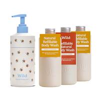 Wild Refillable Body Wash Starter Kit with Bee Print Case & 3 Refills | Includes Honey & Almond, Amber & Oud, Santorini Sunset Scents | 95% Natural Ingredients | Sulphate & SLES Free | Vegan