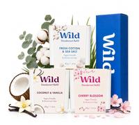 Wild - Natural Refillable Deodorant Variety Pack - Aluminium Free - Scents Include Fresh Cotton & Sea Salt, Cherry Blossom and Coconut & Vanilla Scents - Long Lasting Protection