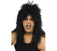 Wild Rocker Wig Black Long Curly Wig 1980's Fancy Dress Punk Disco Stage Hair Halloween Dress Up Rocker Hairpiece (Black Hair, one size)