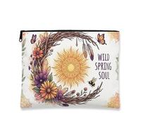 Wild Spring Soul Makeup Bag, Bohemian Floral Cosmetic Travel Pouch for Women, Portable Canvas Zipper Organizer, Spring Skincare Toiletry Bag, White, 7x9 Inch, Sun