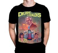 Wild Star Hearts - Dr Who Vs Daleks - Retro Nostalgic Graphic Tee 70s Sci-Fi TV Merch Mens Black Cotton Graphic Tee