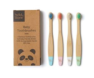 Wild & Stone Organic Baby Bamboo Toothbrush | 4 Pack | Soft Fibre Bristles | 100% Biodegradable Handle | BPA Free | Vegan Eco Friendly Baby Toothbrushes (Multicolour)