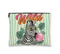 Wild Striped Horse Makeup Bag, Tropical Fun Cosmetic Pouch for Women, Portable Canvas Zipper Organizer, Summer Travel Toiletry Bag, Mint, 7x9 Inch, Striped Horse