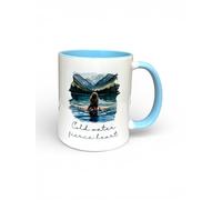 Wild Swimming Mug 11oz - Cold Water Fierce Heart Ceramic Mug with Baby Blue Handle & Interior - Blonde or Brunette Watercolour Design (Brunette Hair)