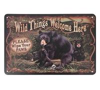 Wild Things Bear Tin Sign,Bear in The Forest Welcome Here Please Wipe Your Paws Vintage Metal Tin Signs for Cafes Bars Pubs Shop Wall Decorative Funny Retro Signs for Men Women 8x12 Inch