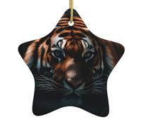 Wild Tiger Christmas Ceramic Star Ornament with Hanging Ribbon, Holiday Hanging Decoration for Tree & Home