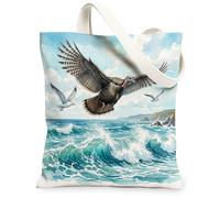 Wild Turkeys Bird Canvas Tote Bag for Shopping 13 * 15, Cool Sea Ocean Waves Scenery Reusable Grocery Bag for Women, Animal Work Travel Painting Gift Decor