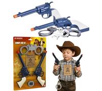 Wild West Cowboy Gun Set for Kids Sheriff Badge Toy Handcuffs Wanted Poster Role Play Costume Accessory Two Toy Pistols Orange Tip Childrens Fancy Dress Western Outfit Electoys