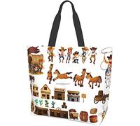 Wild West Cowboys Buildings Donkey Tote Bag Large Casual Women Shoulder Handbags Reusable Grocery Bags for Work Shopping Travel Beach