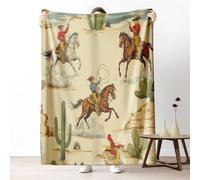 Wild West Illustration Throw Blanket for Couch, Country Western Cowboy Flannel Blanket 50"x60" Lightweight, Horse Desert Cactus Blankets for Bed, Warm Soft Cozy Washable Bedding for All Season