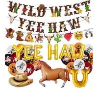 Wild West Party Decorations Banner - 32pcs Cowboy Birthday Decoration Set with Horse Foil Balloon, Gold Yee Haw Banners and Latex Balloons for Kids Boys Western Theme Party Supplies