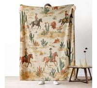 Wild West Throw Blanket for Couch, Western Cowboy Horse Flannel Blanket 50"x60" Lightweight, Desert Plant Cactus Blankets for Bed, Warm Soft Cozy Washable Bedding for All Season