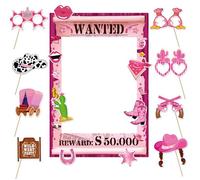 Wild West Western Party Decorations - Pink Cowboy Photo Booth Props Set with Rodeo Backdrop Photoshoot, Fun Selfie Frame Western Party Supplies for Adult Birthday Cowgirl Decor