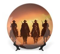 Wild Western Horse Setting Sun Decorative Plate Ceramic China Plates with Display Stand for Home Wall Decor 7inch