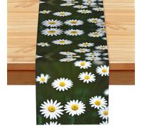 Wild White Daisy Flower Printed Kitchen Table Runner 13x72, Faux Linen Style Decor for Home Wedding Banquet Fireplace
