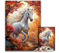 Wild White Horse in Autumn Puzzles 1000 Pieces for Adults Wooden Jigsaw Puzzles Colorful Home Decor & Interactive Family Game 1000 PCS(75x50cm)