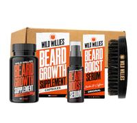 Wild Willies All-in-One Beard Growth Kit - Includes Beard Boost Serum Oil & Growth Supplement, Boar Bristle Brush - Perfect Grooming Kit for Men - Achieve Thicker, Fuller, Healthier Beard