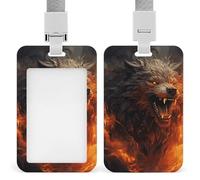 Wild Wolf in The Fire Badge Holder with Lanyard - Waterproof Hard Plastic ID Card Holder Professional Name Tag Vertical ID Card Name Badge for Office Nurse Doctor Teacher
