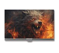 Wild Wolf in The Fire Business Card Holder, Ultra Slim Aluminum Business Card Case, Portable Sleek Metal Wallet for Men & Women