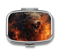 Wild Wolf in The Fire Pill Box 2 Compartment - Small Metal Medicine Organizer Portable Pill Case for Purse Pocket Travel Vitamin Organizer for Men Women, BPA-Free