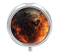 Wild Wolf in The Fire Pill Box Round Portable Small Pill Case Waterproof Travel Pill Box Organizer for Pocket Purse and Daily Convenience