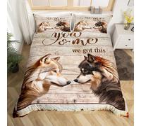 Wild Wolf Kids Duvet Cover King Size,Wooden Plank Patchwork Rustic Farmhouse Bedding Set for Boys Girls Room Decor,Nature Wildlife Animals Brown Retro Comforter Cover 2 Pillowcases,No Comforter