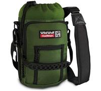 Wild Wolf Outfitters Water Bottle Carrier Holder with Adjustable Strap and 2 Pockets for Hands-Free Walking and Hiking | Green, 1.9 L