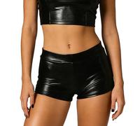 Wildarms Women's Metallic Shorts, High Waist Elastic Faux Leather Shorts; Hot Pants Gloss Vinyl, Black/White, S