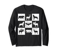 Wilderness Animal Silhouette Grid Bear Deer Wolf Moose Eagle Long Sleeve T-Shirt