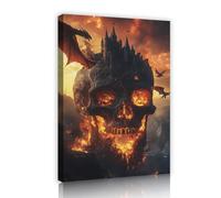 Wilderness Horror Style Print on Canvas Wall Art Mysterious Burning Skull Castle Dragon Scenery Poster Painting for Indoor Home Decor 70x100cm Innerframe
