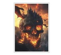 Wilderness Horror Style Print on Canvas Wall Art Mysterious Burning Skull Castle Dragon Scenery Poster Painting for Indoor Home Decor 60x90cm Frameless