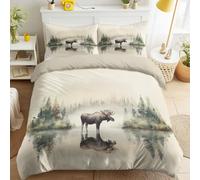Wilderness Moose Single Duvet Cover Set, Ethereal Animals Forest Bedding Set, Soft Zipper Quilt Cover 135 x 200 cm and Pillowcase 50 x 75 cm for Adults Kids Bedroom, Beige