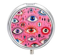 Wilderness Style Eyes Pill Box 3 Compartment Travel Pill Organizer 3 Times A Day Cute Mini Pill Case for Purse & Pocket Portable Metal Medicine Box with Mirror Round Daily Medicine Vitamin Container