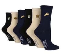 WILDFEET 6 Pair Multipack Ladies Black Novelty Socks Cute Embroidered Crew Cotton Socks (4-8, Fast Food)