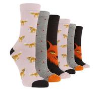 WILDFEET 6 Pair Multipack Ladies Fun Design Socks Cute Novelty Animal Pattern Socks (4-8, Fox)