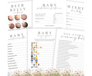 Wildflower Baby Shower Games Pack, 6 Games in 1, Double Sided A5 Cards, 10 Players, 30 Sheets, Includes Beer Belly or Bump, Who Knows Mummy Best, Word Scramble, Emoji Game, Wishes, Predictions
