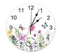 Wildflower Butterfly PVC Wall Clock Silent Non-Ticking Battery Operated Clocks, Spring Floral Round Clock for Home Living Room Office School Kitchen Bedroom Bathroom Wall Decor 10 Inch Summer Flowers