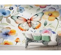 Wildflower Butterfly Wall Mural, Self Adhesive Wallpaper Peel and Stick, Garden Style Watercolor Home Decor Photo Wallpaper, Silk Cloth Wall Sticker for Living Room & Bedroom, 450x315 cm - M-941