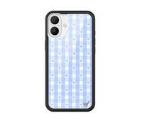 Wildflower Cases - Blue Gingham Hearts, Compatible with Apple iPhone 16 Plus | Plaid, Checkered, Unique, Cute, Trendy - Protective Black Bumper, 4ft Drop Test Certified, Women Owned Small Business