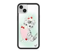 Wildflower Cases - Compatible with Apple iPhone 13/14 | Protective Black Bumper, 4ft Drop Test Certified, Women Owned Small Business | Kitty Shake - Cat Cherries Blue Red Aesthetic Trendy Cute