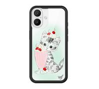 Wildflower Cases - Compatible with Apple iPhone 16 | Protective Black Bumper, 4ft Drop Test Certified, Women Owned Small Business | Kitty Shake - Cat Cherries Blue Red Aesthetic Trendy Cute