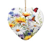 Wildflower Daisy Sunflower Butterfly Ceramic Christmas Tree Ornament, Double-Sided Printed Heart Shape Porcelain Hanging Decoration, Elegant Holiday Keepsake for Xmas Tree Home Office Gift Exchange