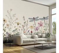Wildflower Dragonfly Mural Wallpaper, Rustic Floral Botanical Wallpaper for Bedroom, Living Room, TV Backdrop, Office, 3D Large Wall Mural Non-Woven Wall Paper 350 x 256 cm (WxH) QS86