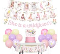 Wildflower First Birthday Decorations, She is A Wildflower Banner Cake Topper Floral Flower Photo Banner High Chair Banner Balloons for Girls 1st Birthday Party Supplies